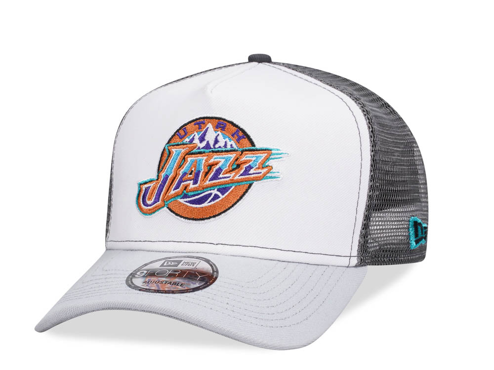 New Era Utah Jazz White Gray Two Tone 9Forty A Frame Trucker Snapback Cap